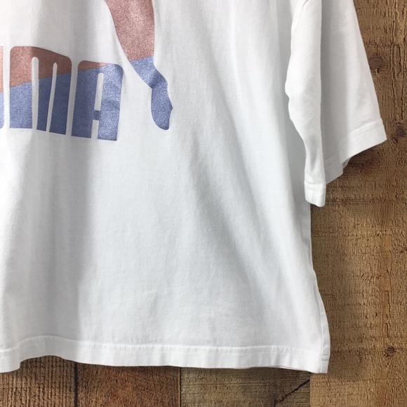 Puma White Metallic Panther Graphic Glam Oversized T Shirt Womens Small Cropped - Picture 3 of 13